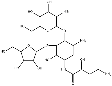 4-O-(2-Amino-2-deoxy-α-D-glucopyranosyl)-5-O-β-D-xylofuranosyl-N-[(S)-4-amino-2-hydroxybutyryl]-2-deoxy-D-streptamine Struktur