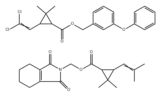 Cyclopropanecarboxylic acid,3-(2,2-dichloroethenyl)-2,2-dimethyl-,(3-phenoxyphenyl)methyl ester,mixt. with (1,3,4,5,6,7-hexahydro-1,3-dioxo-2Hisoindol- 2-yl)methyl 2,2-dimethyl-3-(2-methyl-1-propenyl)cyclopropanecarboxylate Struktur