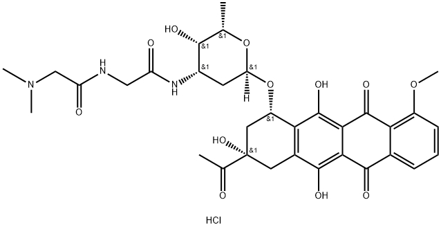 5,12-Naphthacenedione, 8-acetyl-7,8,9,10-tetrahydro-6,8,11-trihydroxy- 1-methoxy-10-((2,3,6-trideoxy-3-((N-(N,N-dimethylglycyl)glycyl)amino)- alpha-L-lyxo-hexopyranosyl)oxy)-, monohydrochloride, (8S-cis)- Struktur