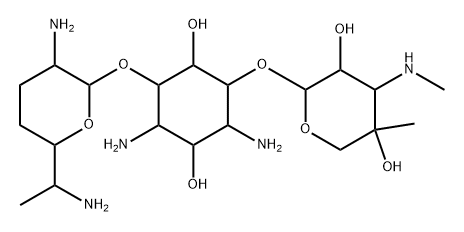 D-Streptamine, O-3-deoxy-4-C-methyl-3-(methylamino)-β-L-arabinopyranosyl-(1→6)-O-[2,6-diamino-2,3,4,6,7-pentadeoxy-α-D-ribo-heptopyranosyl-(1→4)]- (9CI) Struktur