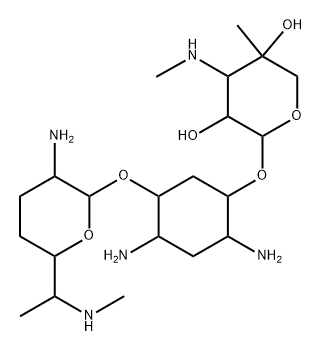 D-Streptamine, O-2-amino-2,3,4,6,7-pentadeoxy-6-(methylamino)-α-D-ribo-heptopyranosyl-(1→4)-O-[3-deoxy-4-C-methyl-3-(methylamino)-β-L-arabinopyranosyl-(1→6)]-2,5-dideoxy- (9CI) Struktur