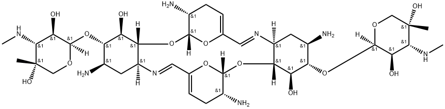 β-L-Arabinopyranoside, (2R,3S,4R,4aR,6S,7R,11E,12aS,14R,15S,16R,16aR,18S,19R,23E,24aS)-2,7,14,19-tetraamino-2,3,4,4a,7,8,12a,13,14,15,16,16a,18,19,20,24a-hexadecahydro-4,16-dihydroxy-6,10:18,22-diepoxy-1H,6H-dibenzo[b,l][1,11,4,14]dioxadiazacycloeicosine-3,15-diyl bis[3-deoxy-4-C-methyl-3-(methylamino)- Struktur