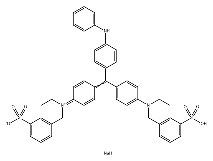 Benzenemethanaminium, N-ethyl-N-[4-[[4-[ethyl[(3-sulfophenyl)methyl]amino]phenyl][4-(phenylamino)phenyl]methylene]-2,5-cyclohexadien-1-ylidene]-3-sulfo-, inner salt, sodium salt (1:1) Struktur