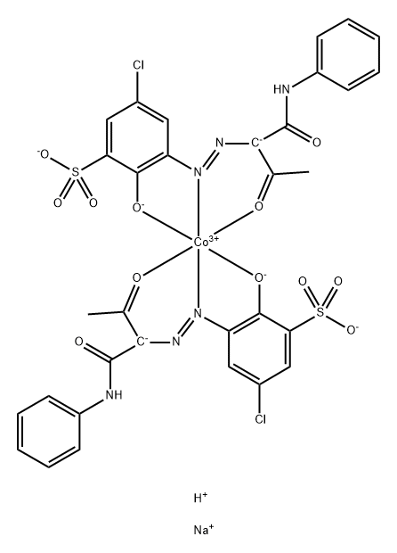 Cobaltate(3-), bis[5-chloro-2-(hydroxy-κO)-3-[[2-(oxo-κO)-1-[(phenylamino)carbonyl]propyl]azo-κN1]benzenesulfonato(3-)]-, disodium hydrogen Struktur