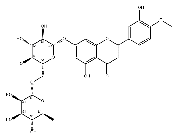 4H-1-Benzopyran-4-one, 7-[[6-O-(6-deoxy-α-L-mannopyranosyl)-β-D-glucopyranosyl]oxy]-2,3-dihydro-5-hydroxy-2-(3-hydroxy-4-methoxyphenyl)- Struktur