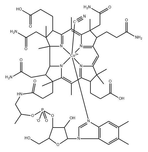 Cobinic acid-acdg-tetramide, Co-(cyano-κC)-, dihydrogen phosphate (ester), inner salt, 3'-ester with (5,6-dimethyl-1-α-D-ribofuranosyl-1H-benzimidazole-κN3) (9CI) Struktur