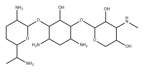 D-Streptamine, O-3-deoxy-3-(methylamino)-β-L-arabinopyranosyl-(1→6)-O-[2,6-diamino-2,3,4,6,7-pentadeoxy-α-D-ribo-heptopyranosyl-(1→4)]-2-deoxy- Struktur