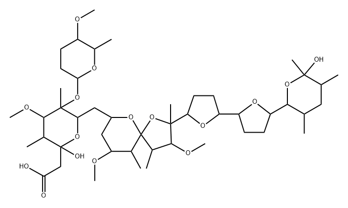 2H-Pyran-2-acetic acid, 6-[[3,9-dimethoxy-2,4,10-trimethyl-2-[octahydro-5′-(tetrahydro-6-hydroxy-3,5,6-trimethyl-2H-pyran-2-yl)[2,2′-bifuran]-5-yl]-1,6-dioxaspiro[4.5]dec-7-yl]methyl]tetrahydro-2-hydroxy-4-methoxy-3,5-dimethyl-5-[(tetrahydro-5-methoxy-6-methyl-2H-pyran-2-yl)oxy]-, [2R-[2α,3α,4β,5α(2S*,5S*,6R*),6β[2R*[2S*,2′R*,5R*,5′R*(2S*,3S*,5R*,6S*)],3R*,4R*,5S*,7S*,9R*,10R*]]]- Struktur