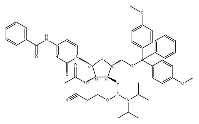 2’-O-Acetyl-N4-benzoyl-5’-O-(4,4’-dimethoxytrityl) arabinocytidine 3’-O-phosphoramidite Struktur