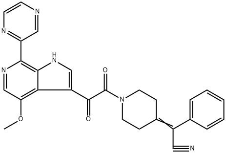 Benzeneacetonitrile, α-[1-[2-[4-Methoxy-7-(2-pyrazinyl)-1H-pyrrolo[2,3-c]pyridin-3-yl]-2-oxoacetyl]-4-piperidinylidene]- Struktur