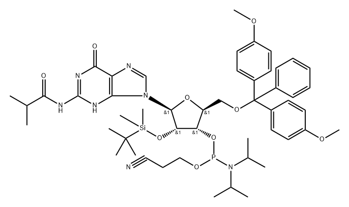 Propanamide, N-[9-[5-O-[bis(4-methoxyphenyl)phenylmethyl]-3-O-[[bis(1-methylethyl)amino](2-cyanoethoxy)phosphino]-2-O-[(1,1-dimethylethyl)dimethylsilyl]-β-L-ribofuranosyl]-6,9-dihydro-6-oxo-1H-purin-2-yl]-2-methyl- Struktur