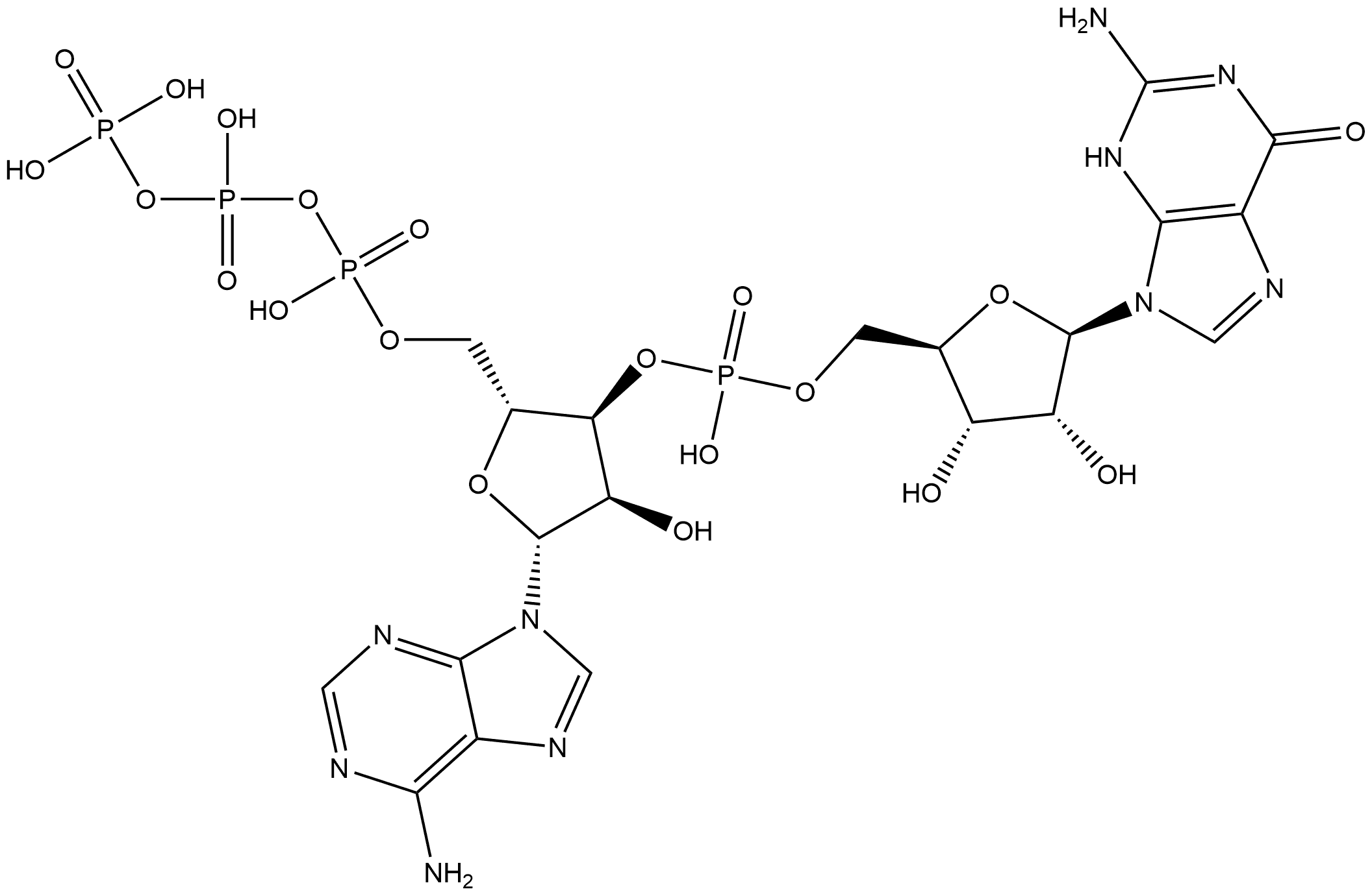 Guanosine, 5'-O-[hydroxy[[hydroxy(phosphonooxy)phosphinyl]oxy]phosphinyl]adenylyl-(3'→5')- Struktur