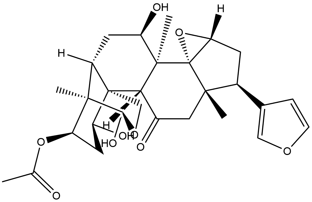 24-Norchola-20,22-diene-4-carboxaldehyde, 3-(acetyloxy)-14,15:21,23-diepoxy-1,7,19-trihydroxy-4,8-dimethyl-11-oxo-, cyclic 4,19-hemiacetal, [C(R),1α,3α,4β,5α,7α,13α,14β,15β,17α]- Struktur