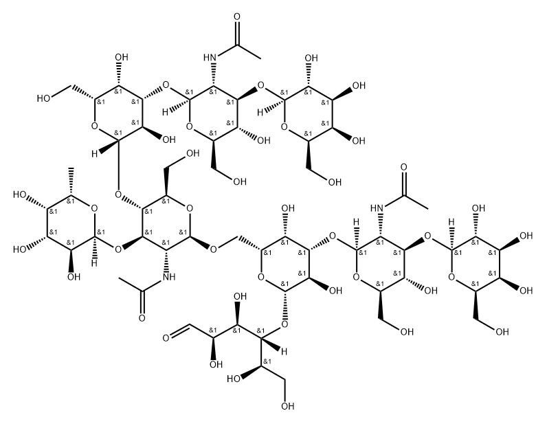 O-beta-D-Galactopyranosyl-(1-3)-O-2-(acetylamino)-2-deoxy-beta-D-glucopyranosyl-(1-3)-O-beta-D-galactopyranosyl-(1-4)-O-[6-deoxy-alpha-L-galactopyranosyl-(1-3)]-O-2-(acetylamino)-2-deoxy-beta-D-glucopyranosyl-(1-6)-O-[O-beta-D-galactopyranosyl-(1-3)-2-(acetylamino)-2-deoxy-beta-D-glucopyranosyl-(1-3)]-O-beta-D-galactopyranosyl-(1-4)-D-glucose Struktur