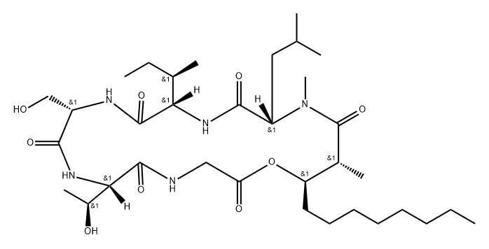 Cyclo[Gly-3-hydroxy*-2-methyl-1-oxoundecyl-N-methyl-L-Leu-L-aIle-L-Ser-L-aThr-] Struktur