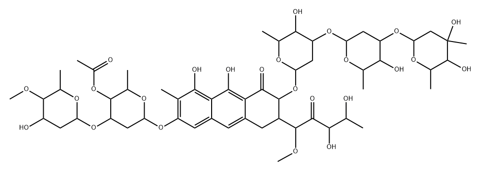 Olivomycin D, 3[b]-O-(2, 6-dideoxy-3-C-methyl-4-O-(2-methyl-1-oxopropyl)-.alpha.-L-arabino- hexopyranosyl)-7-methyl-, reaction product with Whetzelinia sclerotiorum Struktur