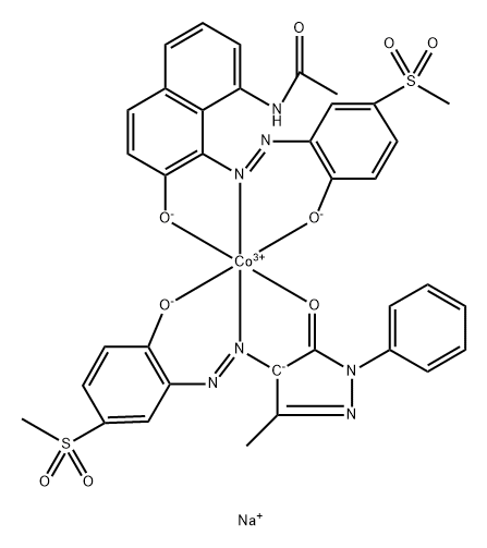 Cobaltate(1-), [2,4-dihydro-4-[[2-hydroxy-5-(methylsulfonyl)phenyl]azo]-5-methyl-2-phenyl-3H-pyrazol-3-onato(2-)][N-[7-hydroxy-8-[[2-hydroxy-5-(methylsulfonyl)phenyl]azo]-1-naphthalenyl]acetamidato(2-)]-, sodium Struktur