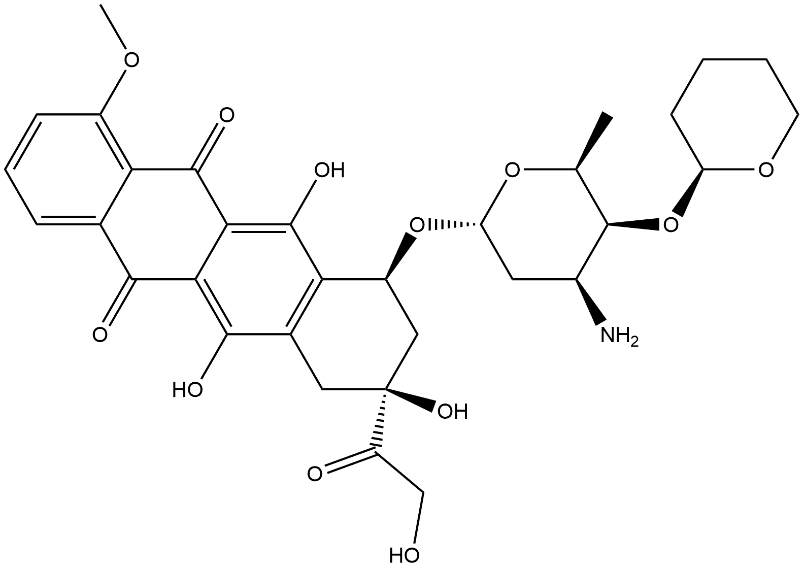 5,12-Naphthacenedione, 10-[[3-amino-2,3,6-trideoxy-4-O-(tetrahydro-2H-pyran-2-yl)-α-L-lyxo-hexopyranosyl]oxy]-7,8,9,10-tetrahydro-6,8,11-trihydroxy-8-(hydroxyacetyl)-1-methoxy-, [8S-[8α,10α(R*)]]- (9CI) Struktur