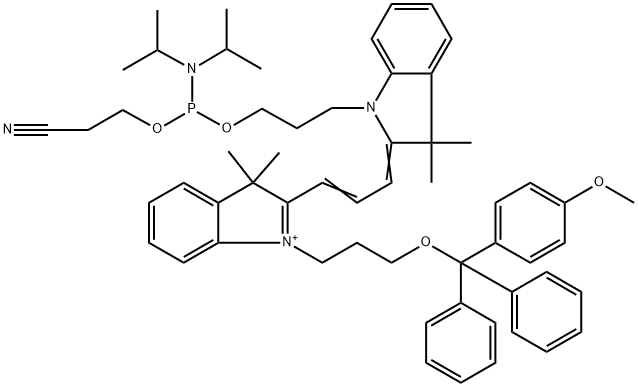 3H-Indolium, 2-[3-[1-[3-[[[bis(1-methylethyl)amino](2-cyanoethoxy)phosphino]oxy]propyl]-1,3-dihydro-3,3-dimethyl-2H-indol-2-ylidene]-1-propen-1-yl]-1-[3-[(4-methoxyphenyl)diphenylmethoxy]propyl]-3,3-dimethyl- Struktur