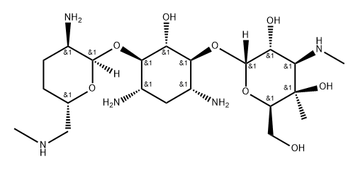 D-Streptamine, O-2-amino-2,3,4,6-tetradeoxy-6-(methylamino)-α-D-erythro-hexopyranosyl-(1→4)-O-[3-deoxy-4-C-methyl-3-(methylamino)-α-D-galactopyranosyl-(1→6)]-2-deoxy- Struktur