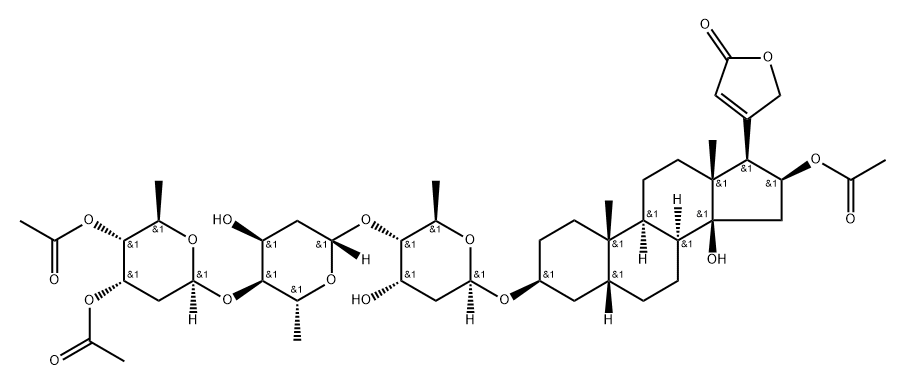 16β-(Acetyloxy)-3β-[[4-O-[4-O-(3-O,4-O-diacetyl-2,6-dideoxy-β-D-ribo-hexopyranosyl)-2,6-dideoxy-β-D-ribo-hexopyranosyl]-2,6-dideoxy-β-D-ribo-hexopyranosyl]oxy]-14-hydroxy-5β-card-20(22)-enolide Struktur