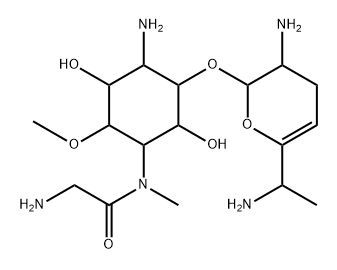 4-Amino-1-[(aminoacetyl)methylamino]-3-O-[(2S)-3α-amino-6-[(S)-1-aminoethyl]-3,4-dihydro-2H-pyran-2α-yl]-1,4-dideoxy-6-O-methyl-L-chiro-inositol Struktur