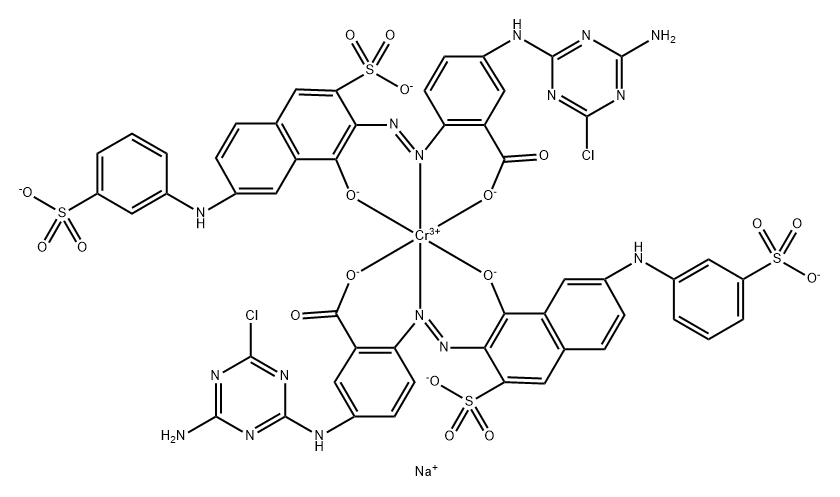 Chromate(5-),bis[5-[(4-amino-6-chloro-1,3,5-triazin-2-yl)amino]-2-[2-[1-(hydroxy-kO)-3-sulfo-7-[(3-sulfophenyl)amino]-2-naphthalenyl]diazenyl-kN1]benzoato(4-)-kO]-, sodium (1:5) Struktur