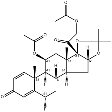 Pregna-1,4-diene-3,20-dione, 11,21-bis(acetyloxy)-6,9-difluoro-16,17-[(1-methylethylidene)bis(oxy)]-, (6α,11β,16α)- Struktur