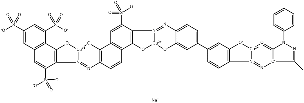 Cuprate(4-), [mu3-[7-[[6-[[4'-[(4,5-dihydro-3-methyl-5-oxo-1-phenyl-1H-pyrazol-4-yl)azo]-3,3'-dihydroxy[1,1'-biphenyl]-4-yl]azo]-1,5-dihydroxy-7-sulfo-2-naphthalenyl]azo]-8-hydroxy-1,3,6-naphthalenetrisulfonato(10-)]]tri-, tetrasodium Struktur