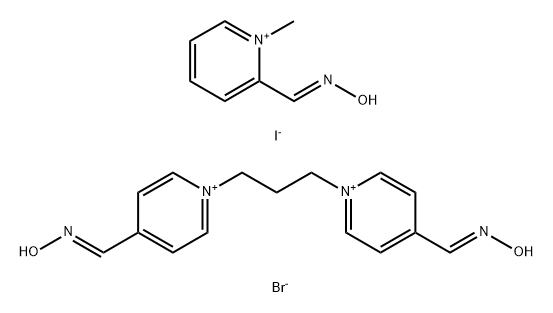 [(E)-(1-methylpyridin-2-ylidene)methyl]-oxo-azanium, oxo-[[1-[3-[4-(ox oazaniumylmethylidene)pyridin-1-yl]propyl]pyridin-4-ylidene]methyl]aza nium, dibromide, iodide Struktur