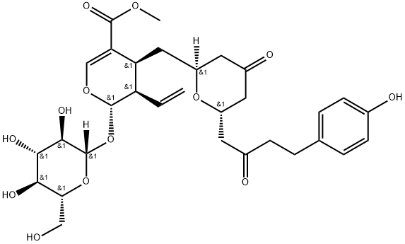 (2S)-3α-Vinyl-2β-(β-D-glucopyranosyloxy)-3,4-dihydro-4α-[[(2S,6S)-tetrahydro-6-[4-(4-hydroxyphenyl)-2-oxobutyl]-4-oxo-2H-pyran-2-yl]methyl]-2H-pyran-5-carboxylic acid methyl ester Struktur