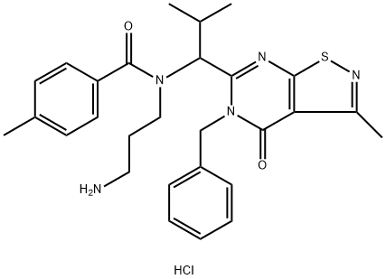 Benzamide, N-(3-aminopropyl)-N-[1-[4,5-dihydro-3-methyl-4-oxo-5-(phenylmethyl)isothiazolo[5,4-d]pyrimidin-6-yl]-2-methylpropyl]-4-methyl-, hydrochloride (1:1) Struktur