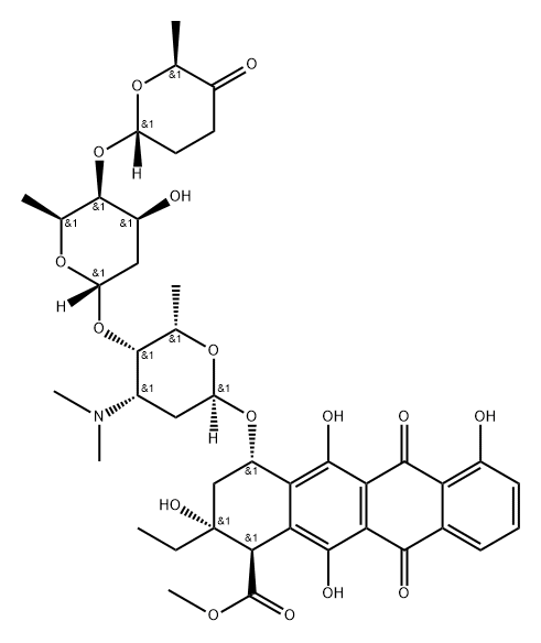 1-Naphthacenecarboxylic acid, 2-ethyl-1,2,3,4,6,11-hexahydro-2,5,7,12-tetrahydroxy-6,11-dioxo-4-[[2,3,6-trideoxy-4-O-[2,6-dideoxy-4-O-[(2R,6S)-tetrahydro-6-methyl-5-oxo-2H-pyran-2-yl]-α-L-lyxo-hexopyranosyl]-3-(dimethylamino)-α-L-lyxo-hexopyranosyl]oxy]-, methyl ester, (1R,2R,4S)- Struktur