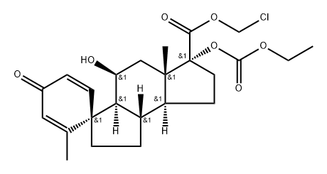 Spiro[2,5-cyclohexadiene-1,3'(2'H)-as-indacene]-6'-carboxylic acid, 6'-[(ethoxycarbonyl)oxy]-1',3'a,4',5',5'a,6',7',8',8'a,8'b-decahydro-4'-hydroxy-2,5'a-dimethyl-4-oxo-, chloromethyl ester, (1R,3'aS,4'S,5'aS,6'R,8'aS,8'bS)- Struktur