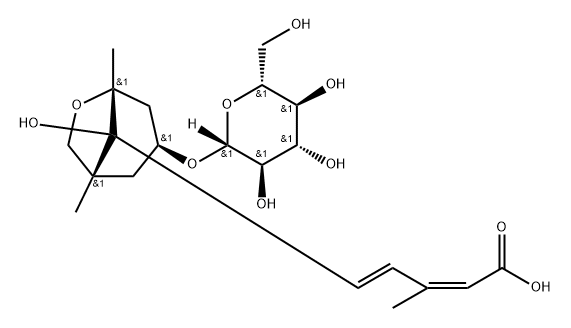 2,4-Pentadienoic acid, 5-[(1R,3S,5R,8S)-3-(β-D-glucopyranosyloxy)-8-hydroxy-1,5-dimethyl-6-oxabicyclo[3.2.1]oct-8-yl]-3-methyl-, (2Z,4E)- Struktur