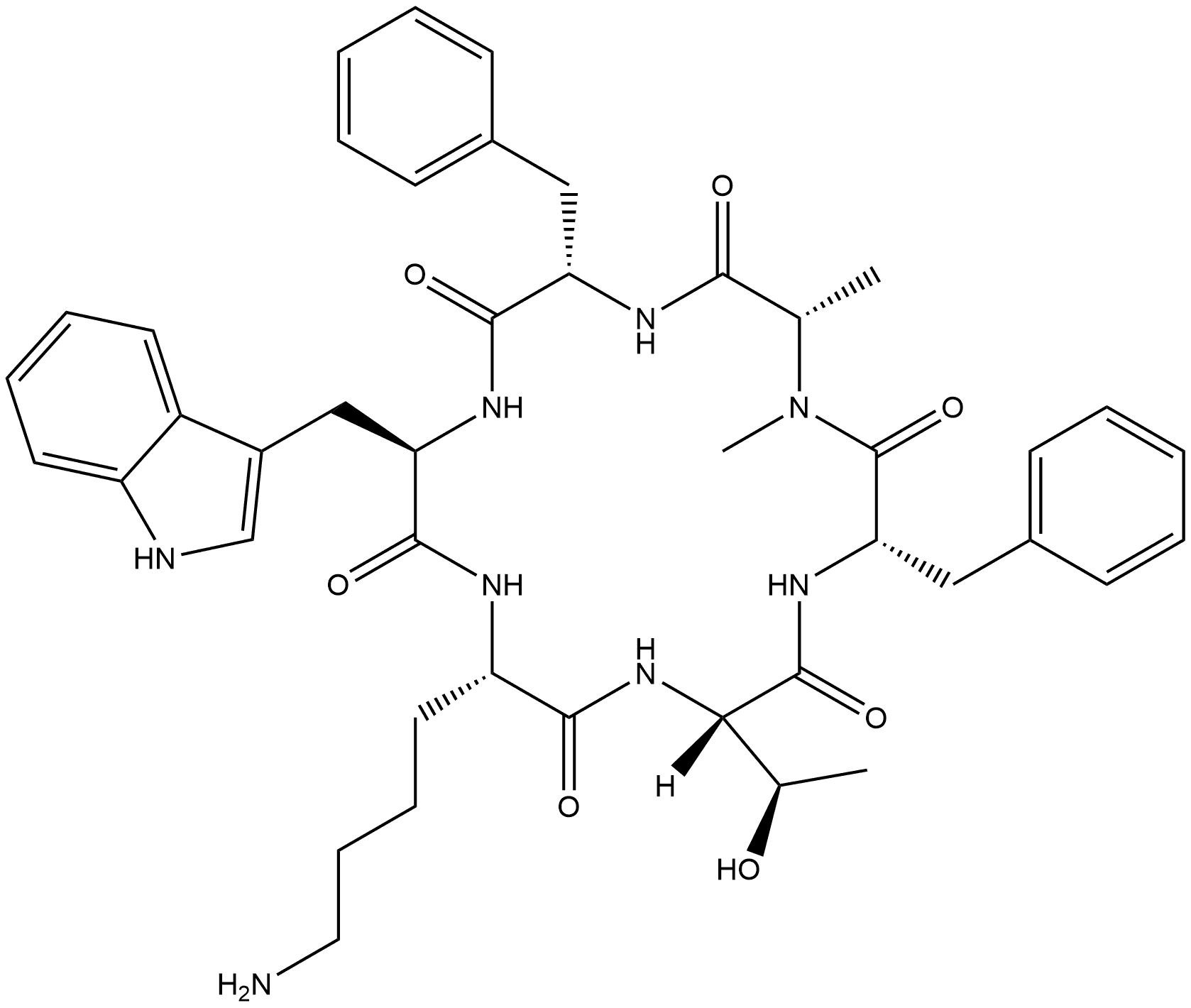 Cyclo(N-methyl-L-alanyl-L-phenylalanyl-D-tryptophyl-L-lysyl-L-threonyl-L-phenylalanyl) (9CI) Struktur