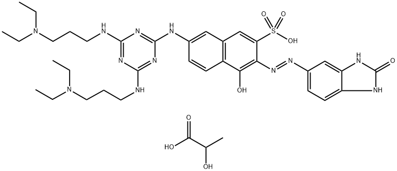 2-hydroxypropanoic acid: 7-{[bis({[3-(diethylamino)propyl]amino})-1,3,5-triazin-2-yl]amino}-4-hydroxy-3-[(E)-2-(2-oxo-2,3-dihydro-1H-1,3-benzodiazol-5-yl)diazen-1-yl]naphthalene-2-sulfonic acid Struktur