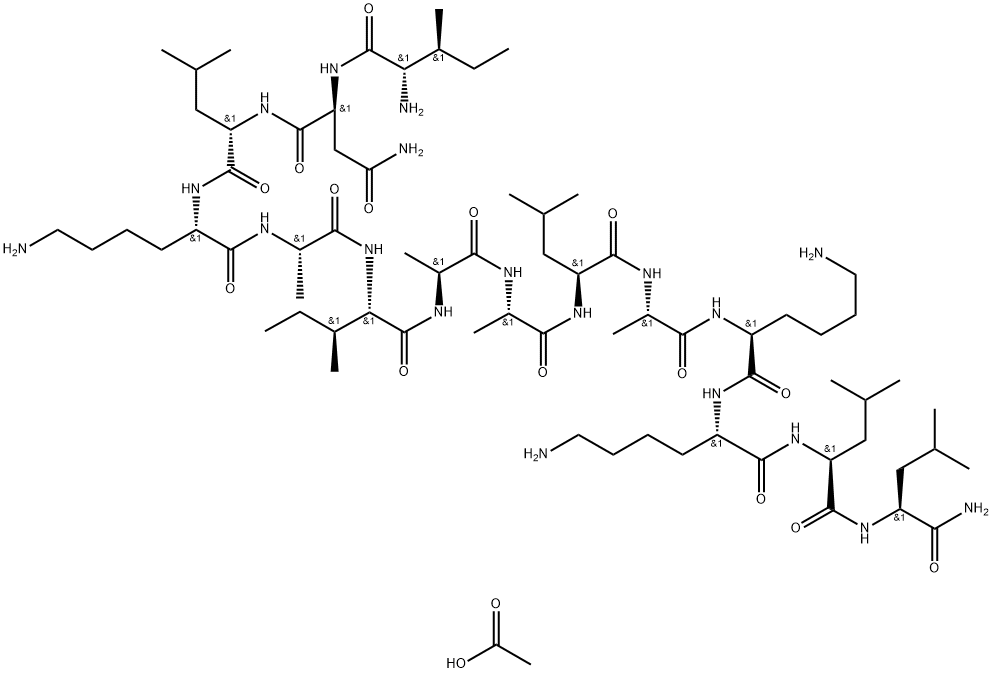 L-Leucinamide, L-isoleucyl-L-asparaginyl-L-leucyl-L-lysyl-L-alanyl-L-isoleucyl-L-alanyl-L-alanyl-L-leucyl-L-alanyl-L-lysyl-L-lysyl-L-leucyl-, acetate (1:4) Struktur