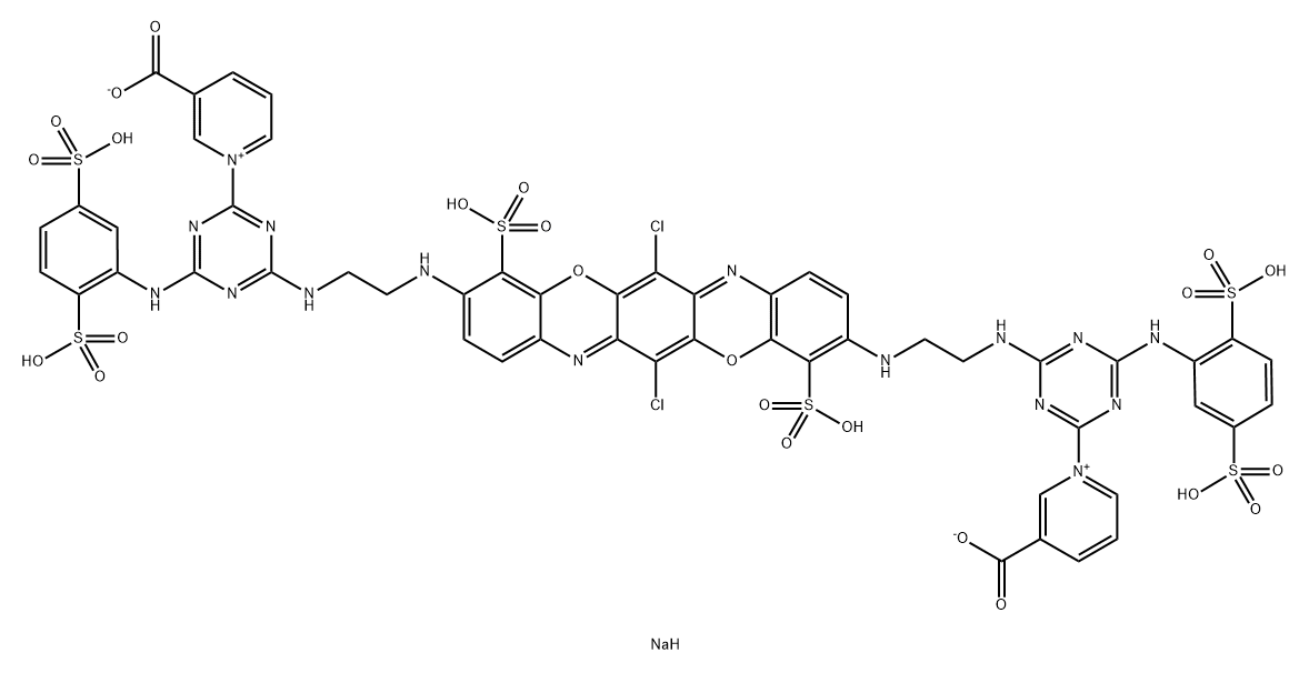 Pyridinium, 1,1'-[(6,13-dichloro-4,11-disulfo-3,10-triphenodioxazinediyl)bis[imino-2,1-ethanediylimino[6-[(2,5-disulfophenyl)amino]-1,3,5-triazine-4,2-diyl]]]bis[3-carboxy-, dihydroxide, bis(inner salt), hexasodium salt Struktur