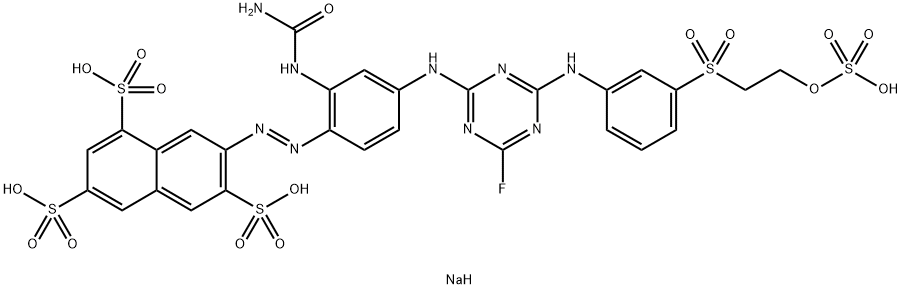 1,3,6-Naphthalenetrisulfonic acid, 7-2-(aminocarbonyl)amino-4-4-fluoro-6-3-2-(sulfooxy)ethylsulfonylphenylamino-1,3,5-triazin-2-ylaminophenylazo-, tetrasodium salt Struktur