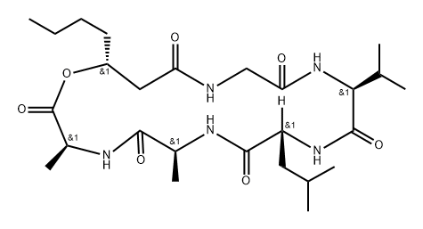 Cyclo[L-alanyl-L-alanyl-(3R)-3-hydroxyheptanoylglycyl-L-valyl-D-leucyl] Struktur