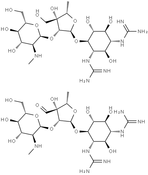 D-Streptamine, O-2-deoxy-2-(methylamino)-α-L-glucopyranosyl-(1→2)-O-5-deoxy-3-C-formyl-α-L-lyxofuranosyl-(1→4)-N,N′-bis(aminoiminomethyl)-, mixt. with O-2-deoxy-2-(methylamino)-α-L-glucopyranosyl-(1→2)-O-5-deoxy-3-C-(hydroxymethyl)-α-L-lyxofuranosyl-(1→4)-N,N′-bis(aminoiminomethyl)-D-streptamine Struktur