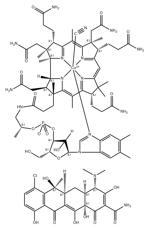 Vitamin B12 mixture with [4S(4a,4aa,5aa,6,12aa)]-7-chloro-4-(dimethylamino)-1,4,4a,5,5a,6,11,-12a-octahydro-3,6,10,12,12a penta-hydroxy-6-methyl-1,11-dioxo-2-naphthacencarbonamide (control for chlorotetracycline) Struktur