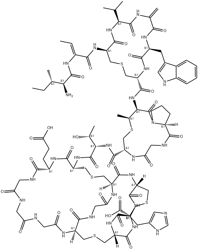 L-Cysteine, L-isoleucyl-(2Z)-2-amino-2-butenoyl-D-cysteinyl-L-valyl-2,3-didehydroalanyl-L-tryptophyl-L-cysteinyl-(2S,3S)-2-amino-3-mercaptobutanoyl-L-prolylglycyl-L-cysteinyl-L-threonyl-D-cysteinyl-L-α-glutamylglycylglycylglycyl-D-cysteinylglycyl-L-cysteinyl-D-cysteinyl-L-histidyl-L-cysteinyl-, cyclic (3→7),(8→11),(13→20),(18→23),(21→24)-pentakis(thioether) Struktur