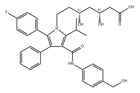 1H-Pyrrole-1-heptanoic acid, 2-(4-fluorophenyl)-β,δ-dihydroxy-4-[[[4-(hydroxymethyl)phenyl]amino]carbonyl]-5-(1-methylethyl)-3-phenyl-, (βR,δR)- Struktur