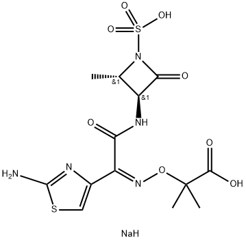 Propanoic acid, 2-[[(Z)-[1-(2-amino-4-thiazolyl)-2-[[(2S,3S)-2-methyl-4-oxo-1-sulfo-3-azetidinyl]amino]-2-oxoethylidene]amino]oxy]-2-methyl-, monosodium salt (9CI) Struktur