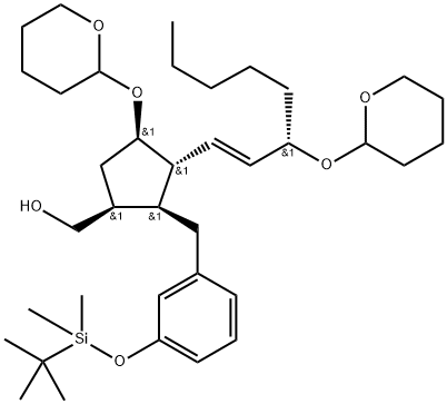 CyclopentaneMethanol, 2-[[3-[[(1,1-diMethylethyl)diMethylsilyl]oxy]phenyl]Methyl]-4-[(tetrahydro-2 H-pyran-2-yl)oxy]-3-[3-[(tetrahydro-2H-pyran-2-yl)oxy]-1-octenyl]-, [1S-[1a,2a,3b(1E,3R*),4a]]- Struktur