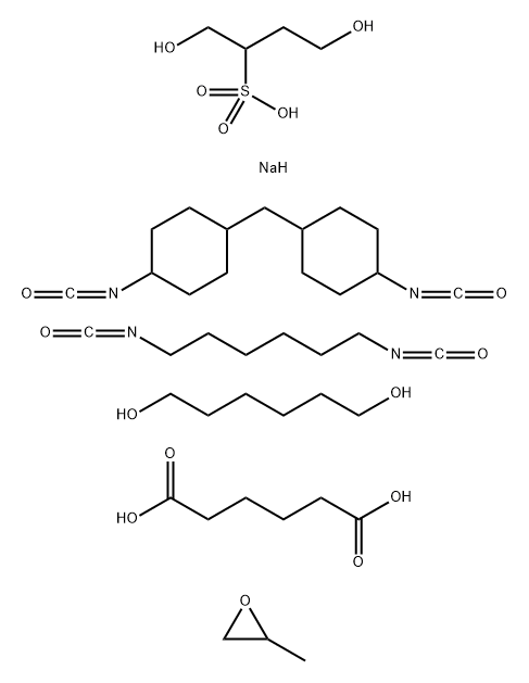 Hexanedioic acid, polymer with 1,4-dihydroxy-2-butanesulfonic acid monosodium salt, 1,6-diisocyanatohexane, 1,6-hexanediol, 1,1'-methylenebis[4-isocyanatocyclohexane] and methyloxirane Struktur