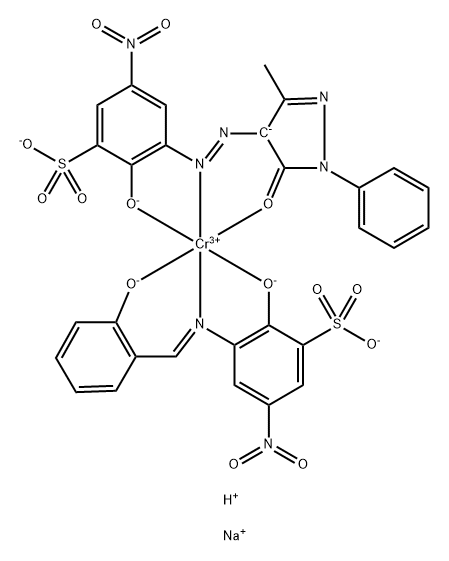 Chromate(3-), [3-[[4,5-dihydro-3-methyl-5-(oxo-κO)-1-phenyl-1H-pyrazol-4-yl]azo-κN1]-2-(hydroxy-κO)-5-nitrobenzenesulfonato(3-)][2-(hydroxy-κO)-3-[[[2-(hydroxy-κO)phenyl]methylene]amino-κN]-5-nitrobenzenesulfonato(3-)]-, disodium hydrogen Struktur