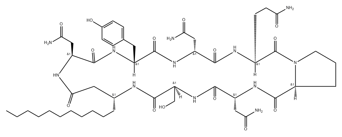 シクロ[D-Tyr-D-Asp(NH2)-L-Glu(NH2)-L-Pro-D-Asp(NH2)-L-Ser-3-ウンデシル-βAla-L-Asp(NH2)-] 化學(xué)構(gòu)造式